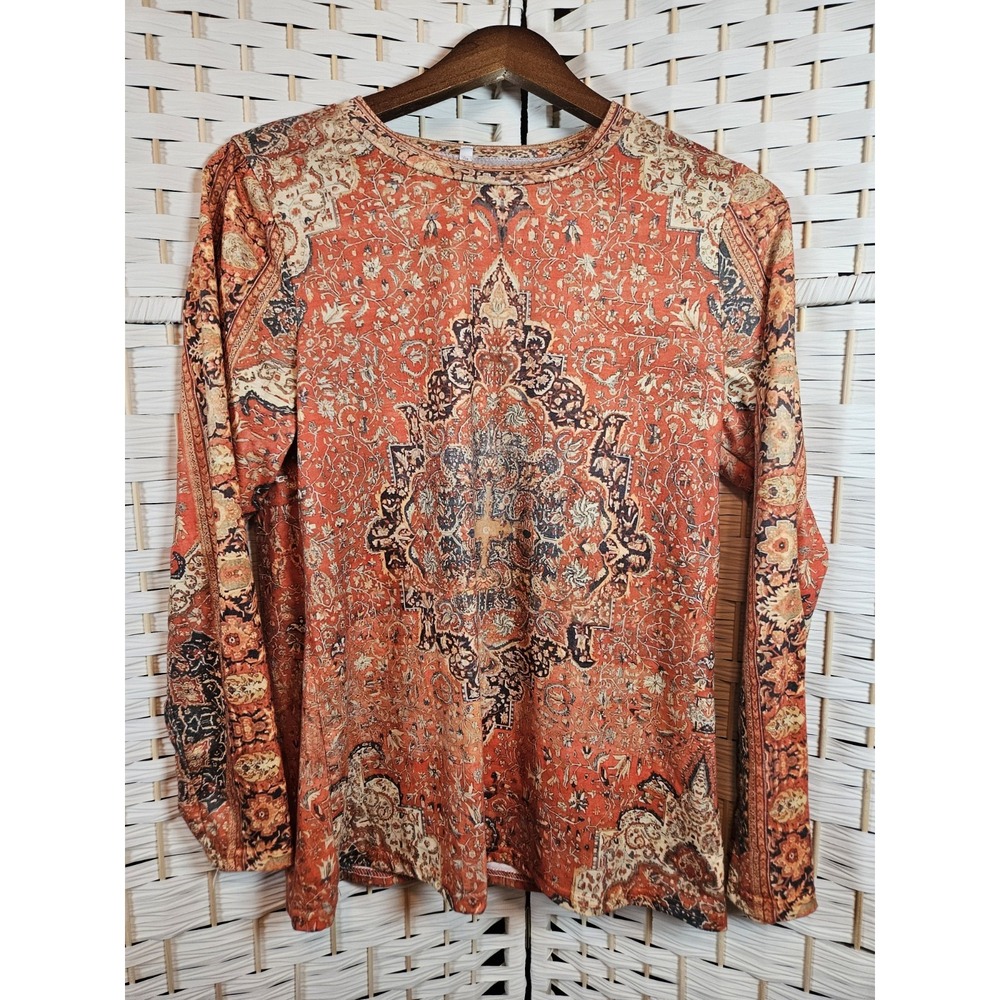 Womens Medium Orange Paisley Long Sleeve Top Boho Hippie Casual *flaw*